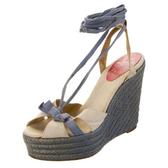 Authentic Christian Louboutin Blue Cream Wedge Lace Up Gladiator Sandals EU 39 - Picture 1 of 8